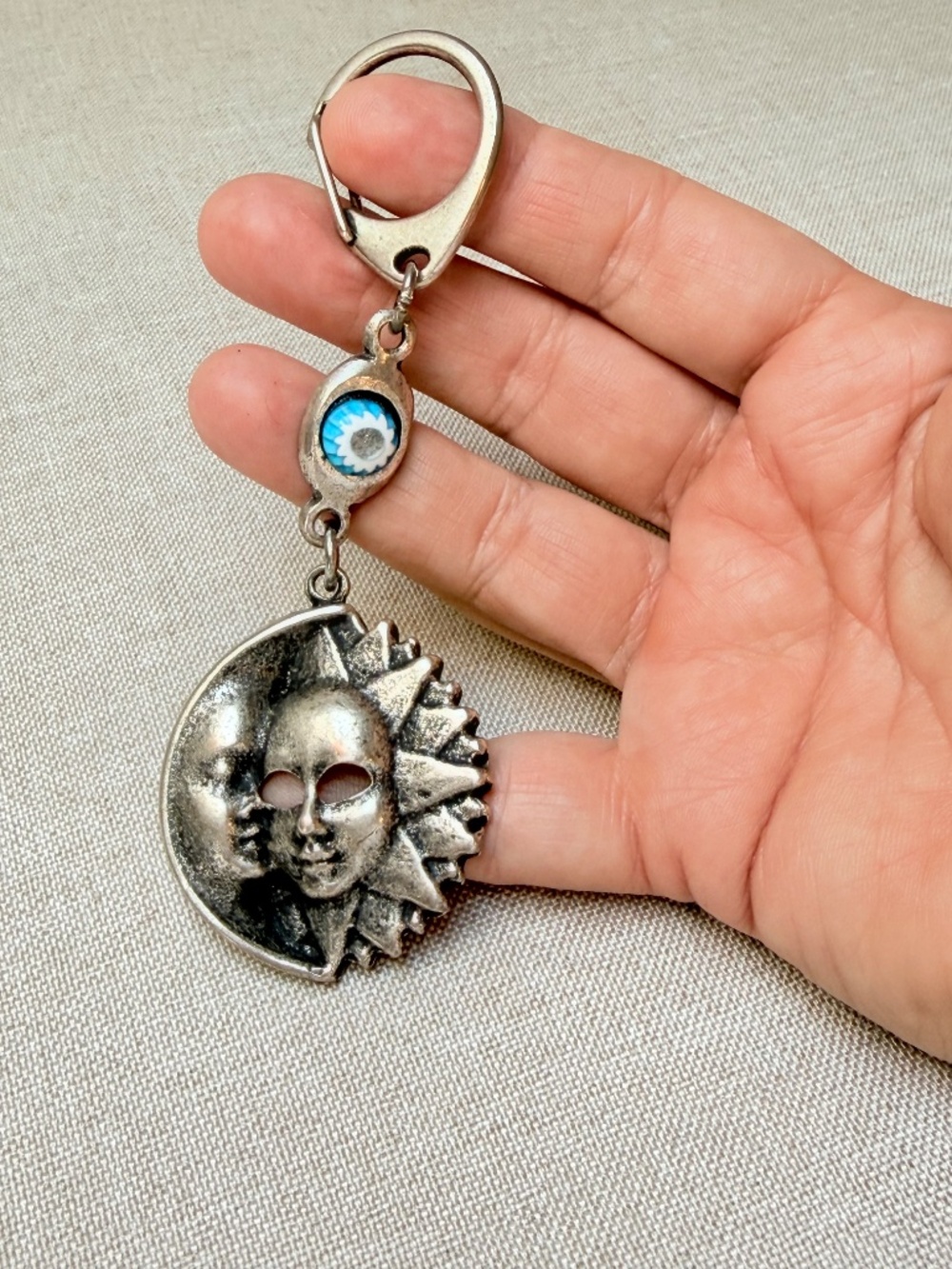 Moon and Sun Evil Eye Pewter Keychain Made in Italy - Picture 5 of 6
